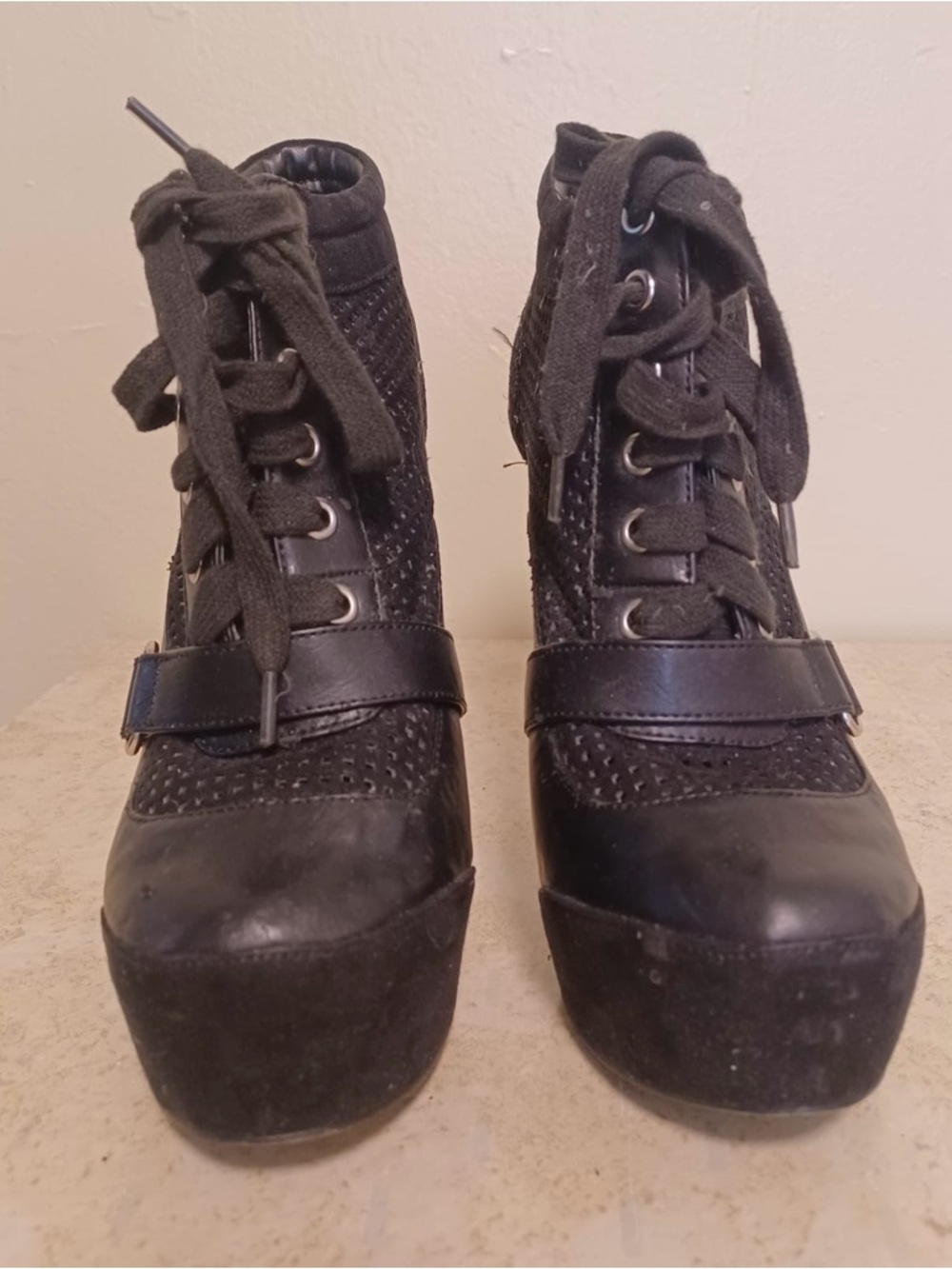 Qupid Black Lace-Up Platform Ankle Boots